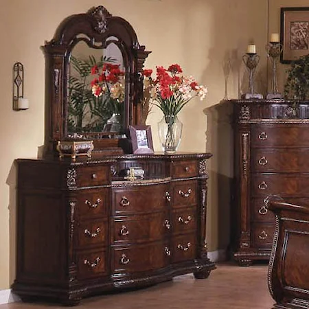 Traditional 11-Drawer Dresser with Laminated Marble Top and Elegant Landscape Mirror